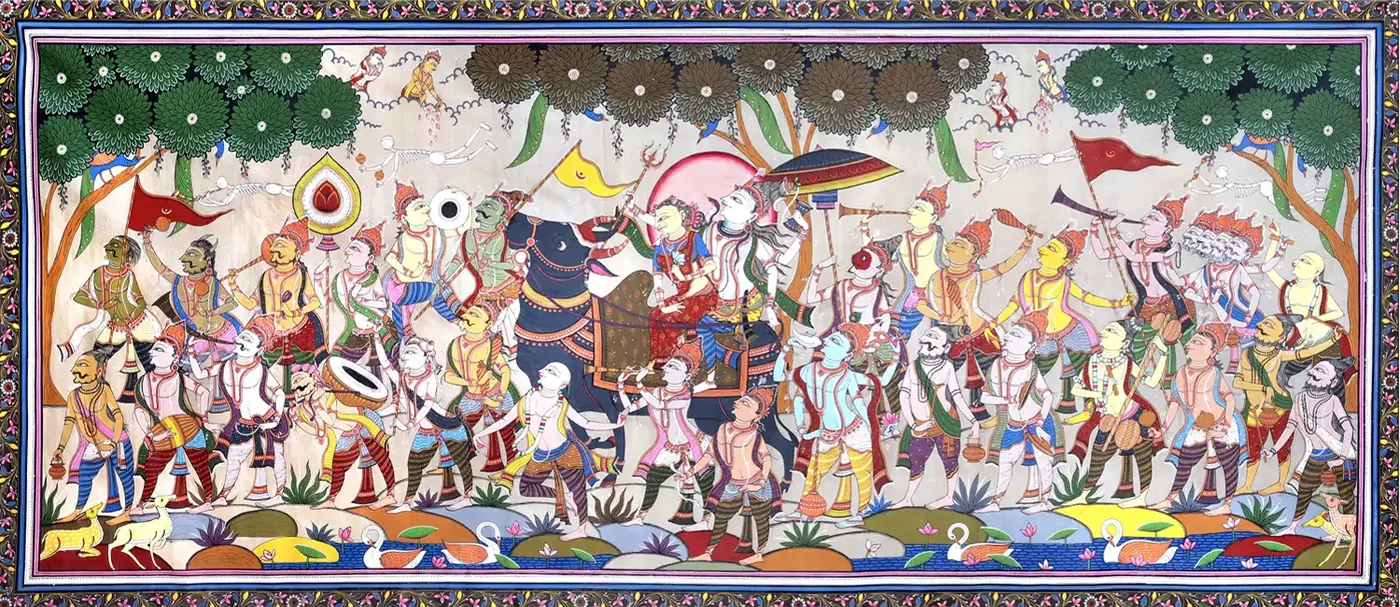Pattachitra painting of the wedding procession of Shiva and Parvati